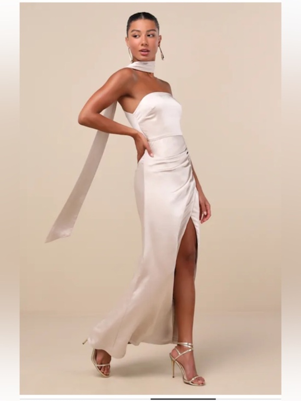 NWT Lulus Maritza Champagne Satin Sash Tulip Maxi Dress